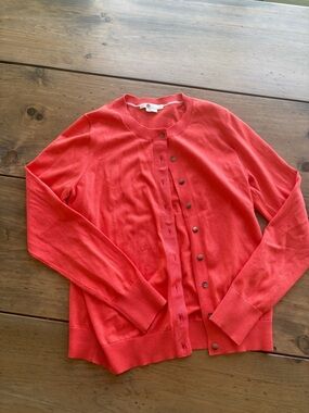 Boden Coral Red Crewneck Button Cardigan
